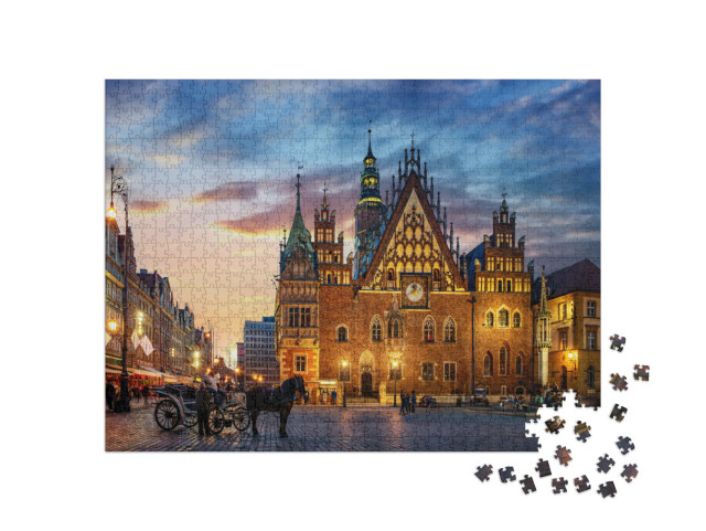 Puzzle 1000 pezzi „Piazza del mercato con case antiche, municipio e tramonto, Breslavia, Polonia“