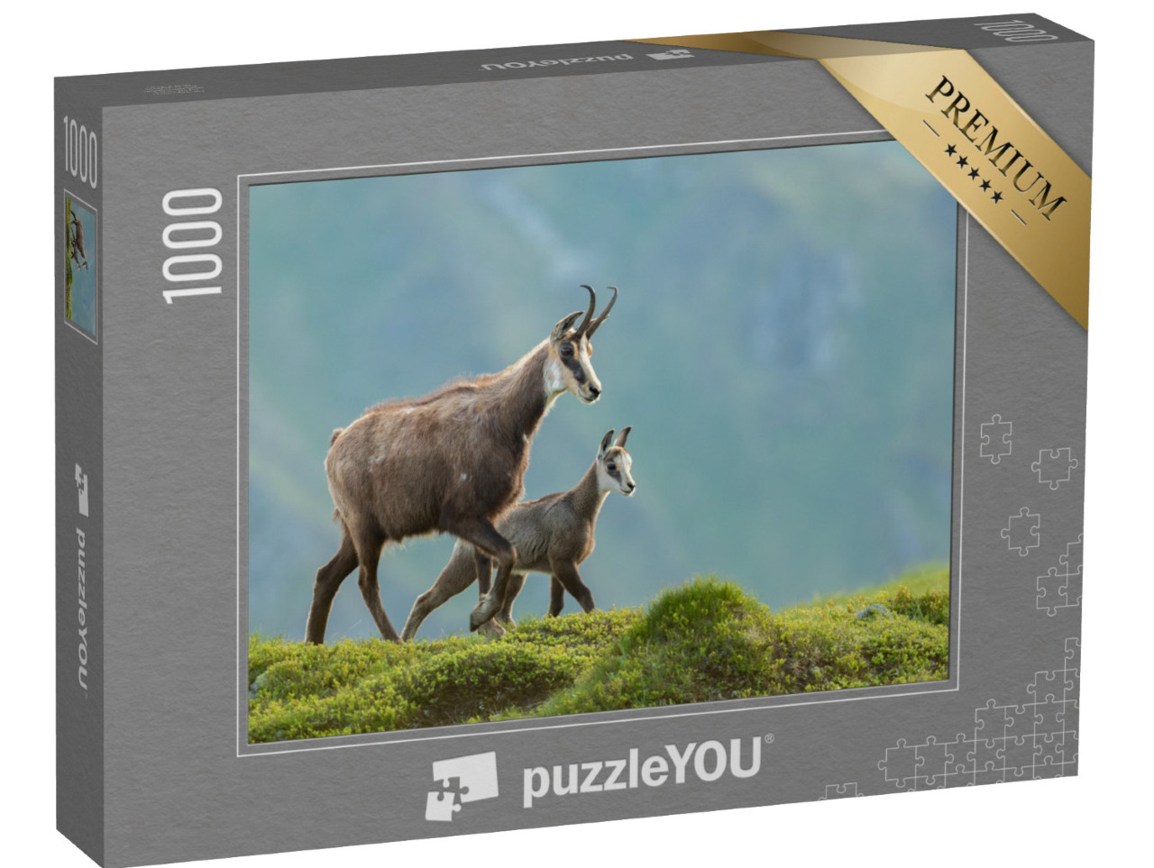 Puzzle 1000 pezzi „Madre camoscio con i suoi piccoli sul prato di montagna“