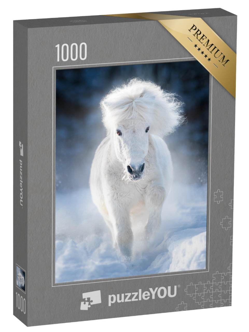 Puzzle 1000 pezzi „Pony Shetland bianco e soffice al galoppo su un prato invernale“