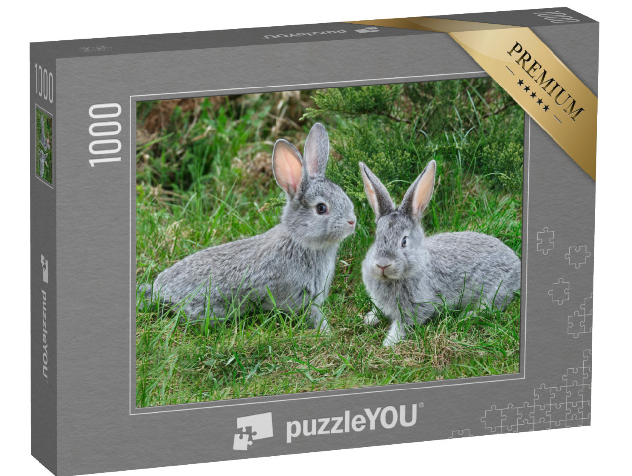 Puzzle 1000 pezzi „Soffici conigli grigi sull'erba verde“