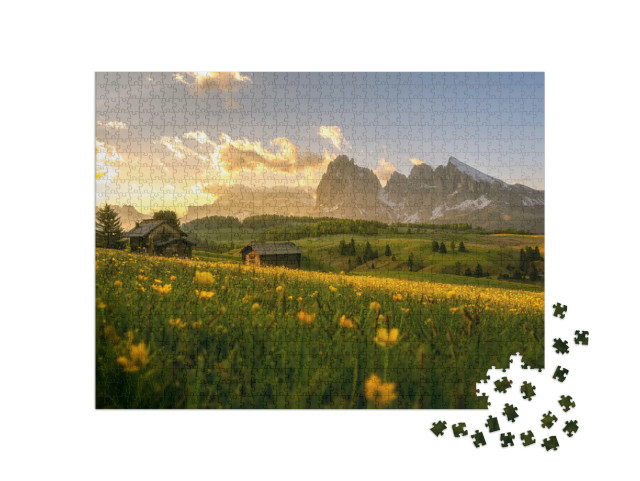 Puzzle 1000 pezzi „Splendida alba sull'Alpe di Siusi, Alto Adige“