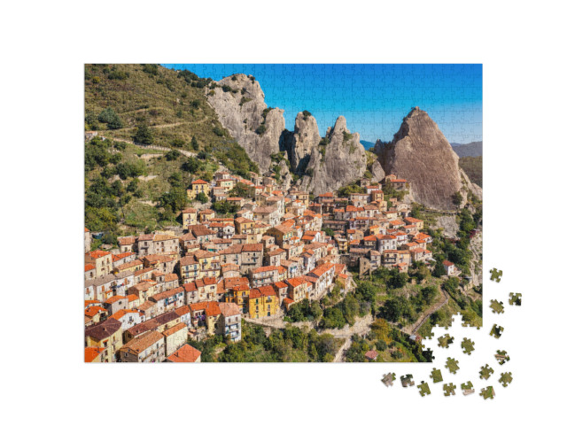 Puzzle 1000 pezzi „Il borgo di Castelmezzano sull'Appennino, provincia di Potenza, Basilicata, Italia“