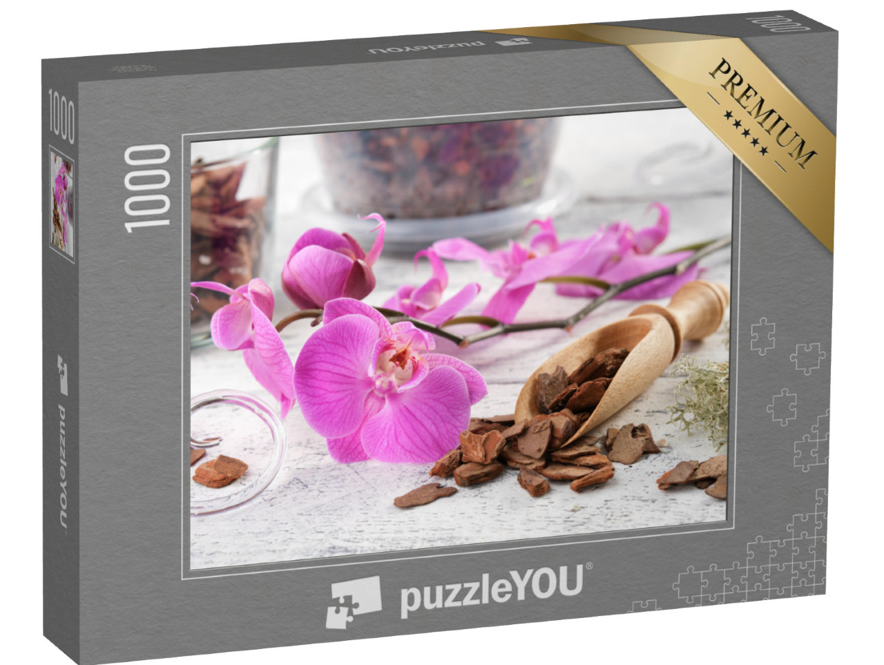 Puzzle 1000 pezzi „Bellissima composizione, con un'orchidea viola al centro“