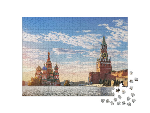 Puzzle 1000 pezzi „La Cattedrale di San Basilio e la Torre Spasskaya sulla Piazza Rossa di Mosca“