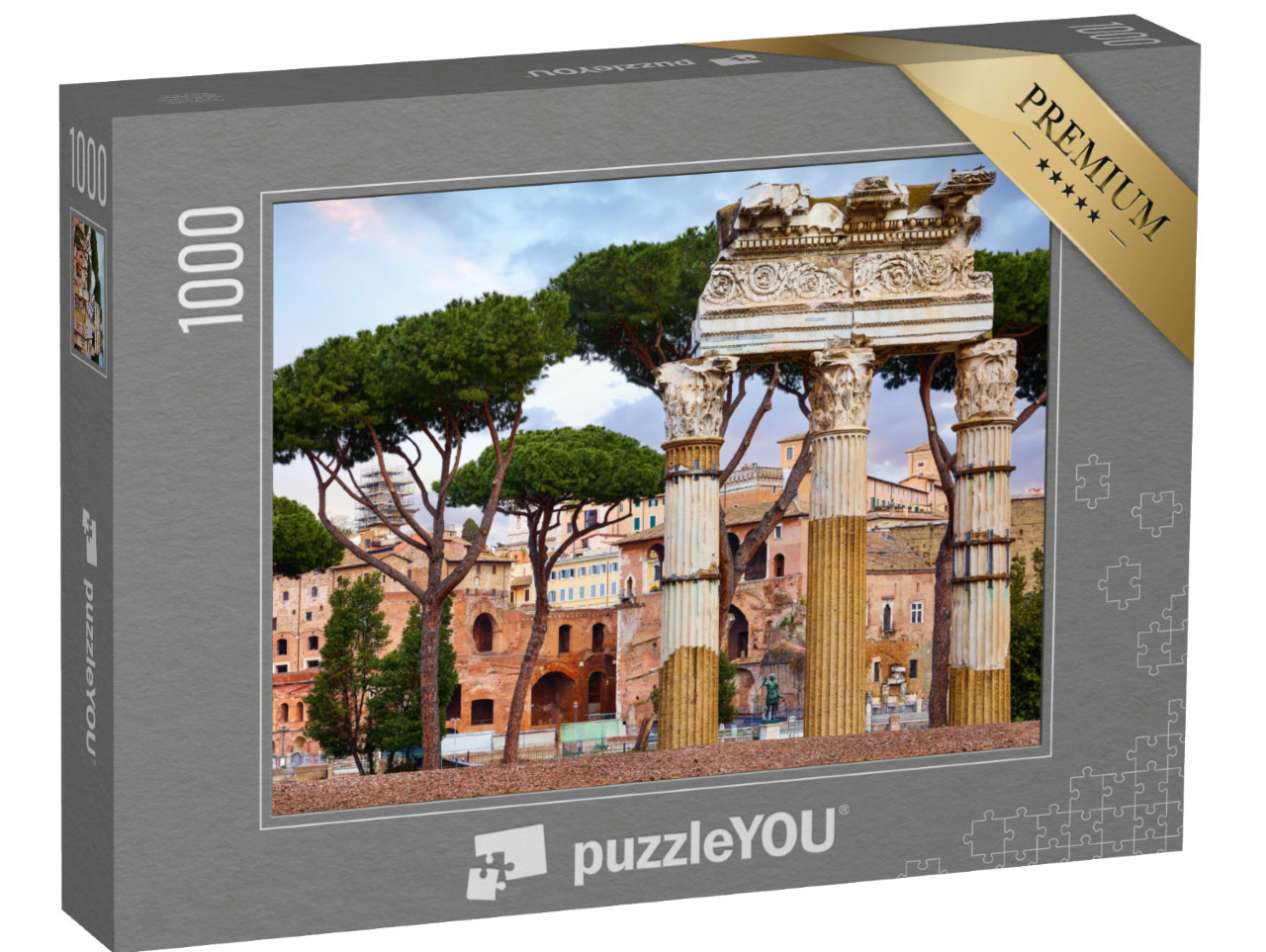 Puzzle 1000 pezzi „Foro Romano a Roma, Italia. Strutture antiche con colonne sotto gli alberi“