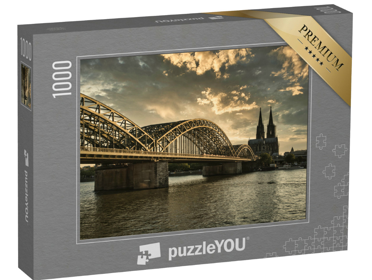 Puzzle 1000 pezzi „Cattedrale di Colonia al tramonto con il Reno, Renania Settentrionale-Vestfalia, Germania“