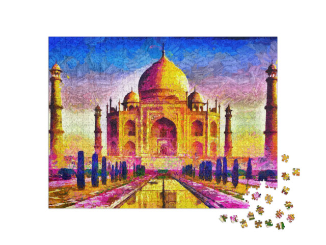 Puzzle 1000 pezzi „Taj Mahal, architettura colorata, pittura ad olio“