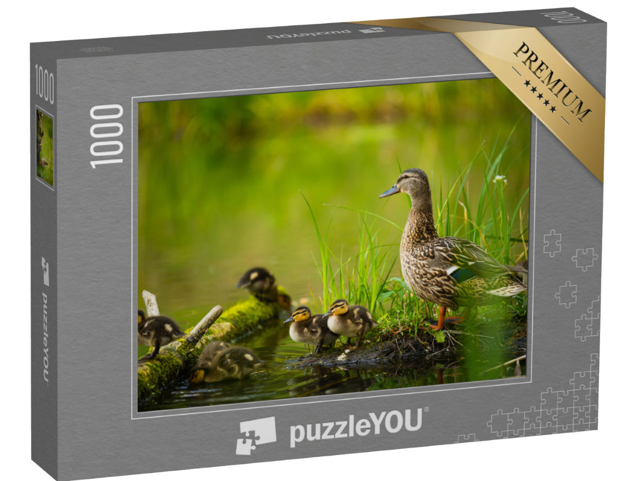 Puzzle 1000 pezzi „Femmina di germano reale con piccoli anatroccoli in riva a un fiume“