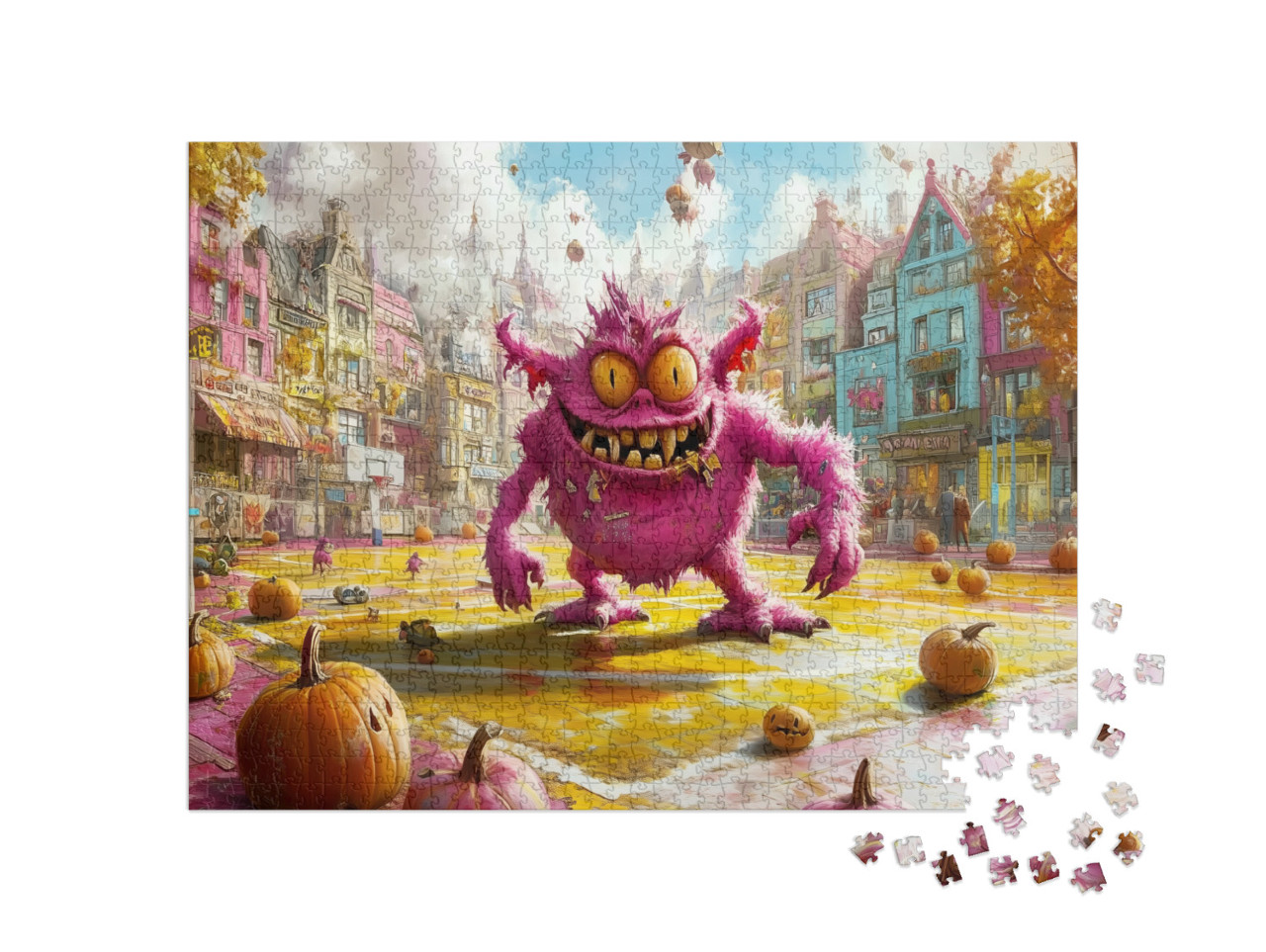 Puzzle 1000 pezzi „Mostro viola su un campo da basket ad Halloween“