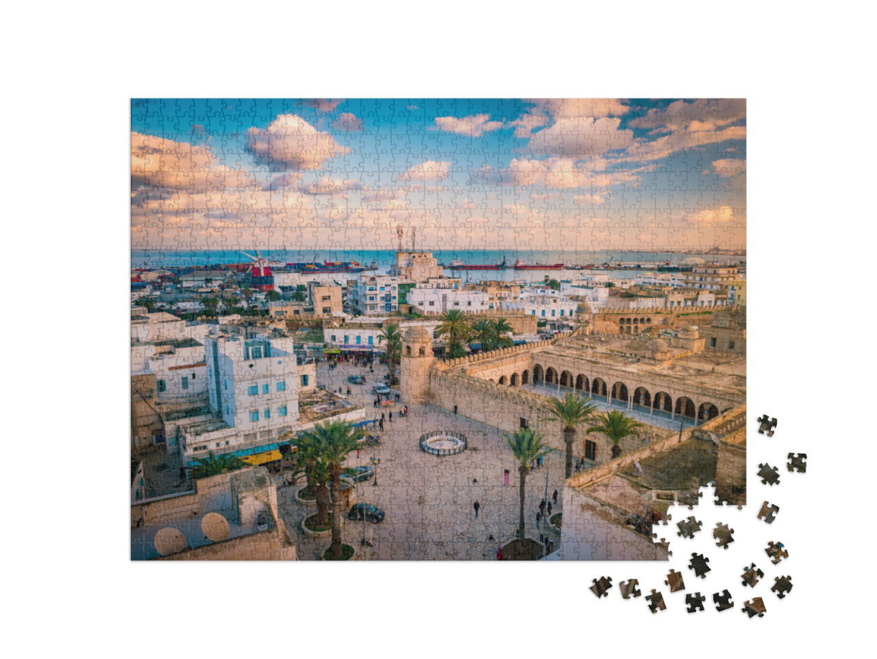 Puzzle 1000 pezzi „Tramonto su Sousse, paesaggio urbano con moschea e porto, Tunisia“