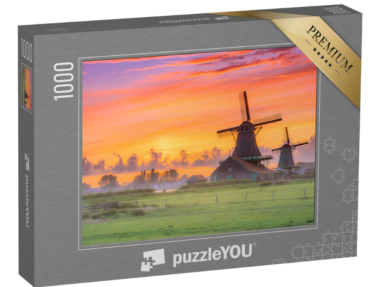 Puzzle 1000 pezzi „Mulini a vento al tramonto, Paesi Bassi“