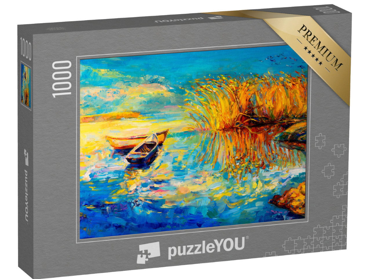 Puzzle 1000 pezzi „Pittura a olio: Barche sulla riva del lago“