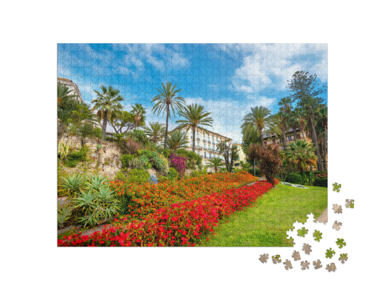 Puzzle 1000 pezzi „Foto di strada con fiori colorati sul prato della strada costiera di San Remo. Liguria, Italia“