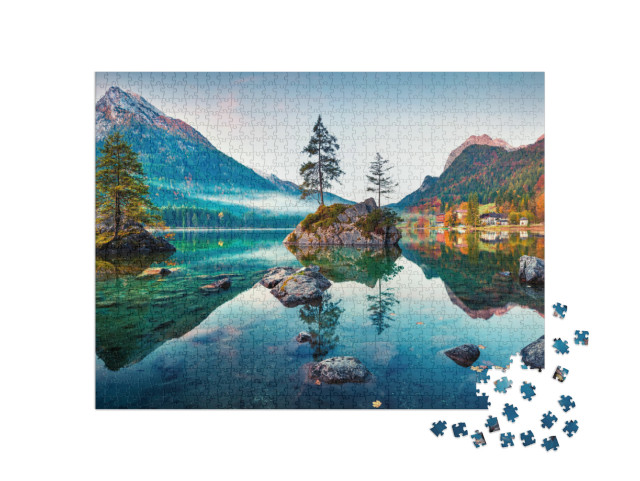 Puzzle 1000 pezzi „Autunno a Hintersee: Alpi bavaresi al mattino, Germania“