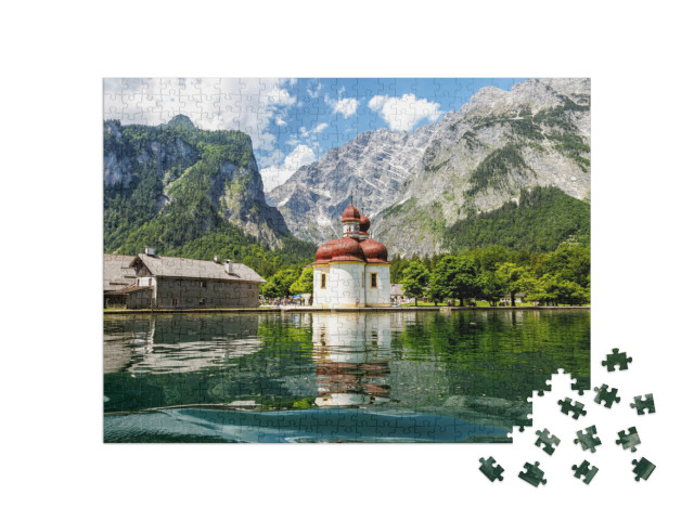 Puzzle 500 pezzi „Vista della chiesa di San Bartolomeo dal lago Königssee, Baviera“