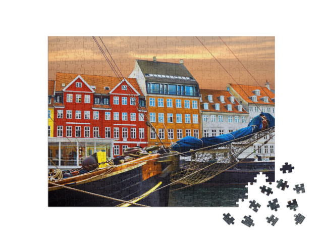 Puzzle 500 pezzi „Yacht e case colorate sul lungomare di Nyhavn“