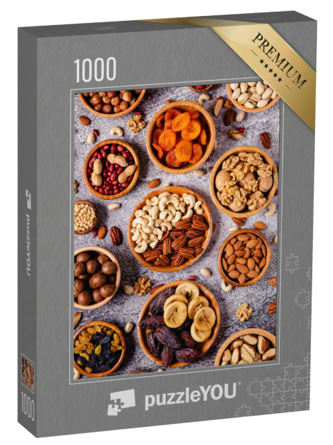 Puzzle 1000 pezzi „Noci e frutta secca in ciotole di legno“