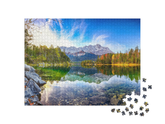 Puzzle 1000 pezzi „Bellissimo paesaggio autunnale sul lago Eibsee, Alpi Bavaresi, Germania“