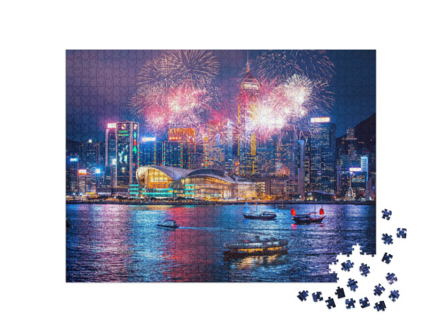 Puzzle 1000 pezzi „Fuochi d'artificio nel porto di Victoria di Hong Kong“