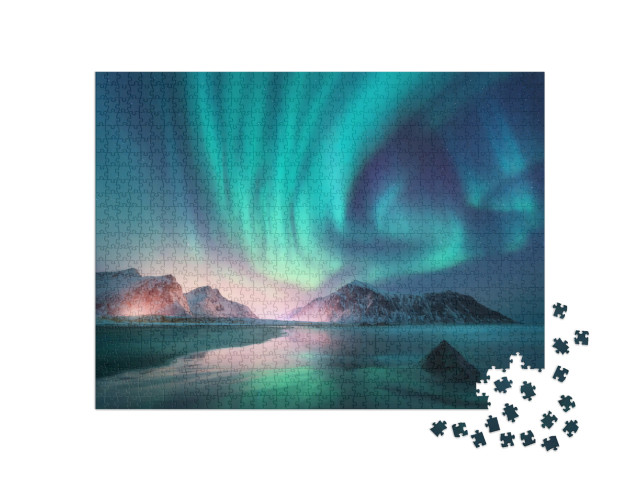 Puzzle 1000 pezzi „L'aurora boreale sul mare e sulle montagne innevate“