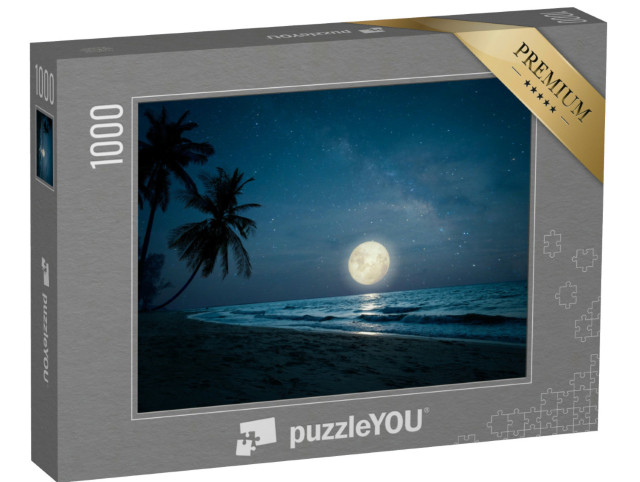 Puzzle 1000 pezzi „Una paradisiaca notte di luna piena su una spiaggia tropicale di palme“