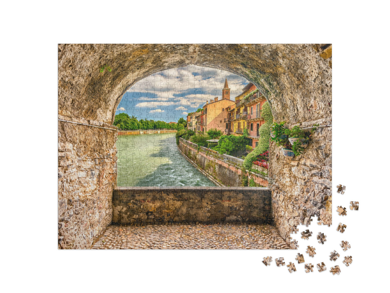 Puzzle 1000 pezzi „Pittoresco balcone ad arco in roccia nel centro di Verona, Italia“