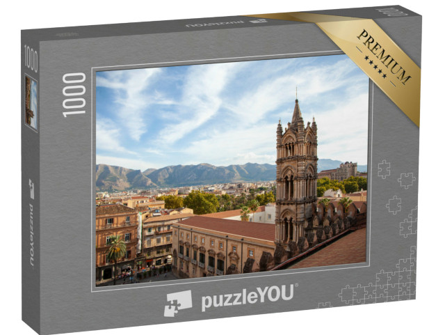 Puzzle 1000 pezzi „Torre della Cattedrale di Palermo con vista sulle montagne, Sicilia, Italia“