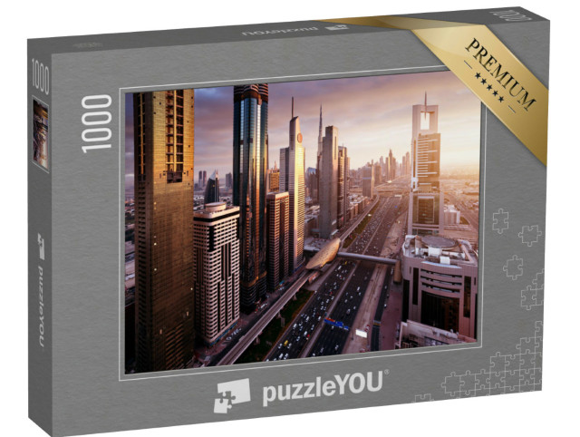 Puzzle 1000 pezzi „Lo skyline di Dubai al tramonto, Emirati Arabi Uniti“