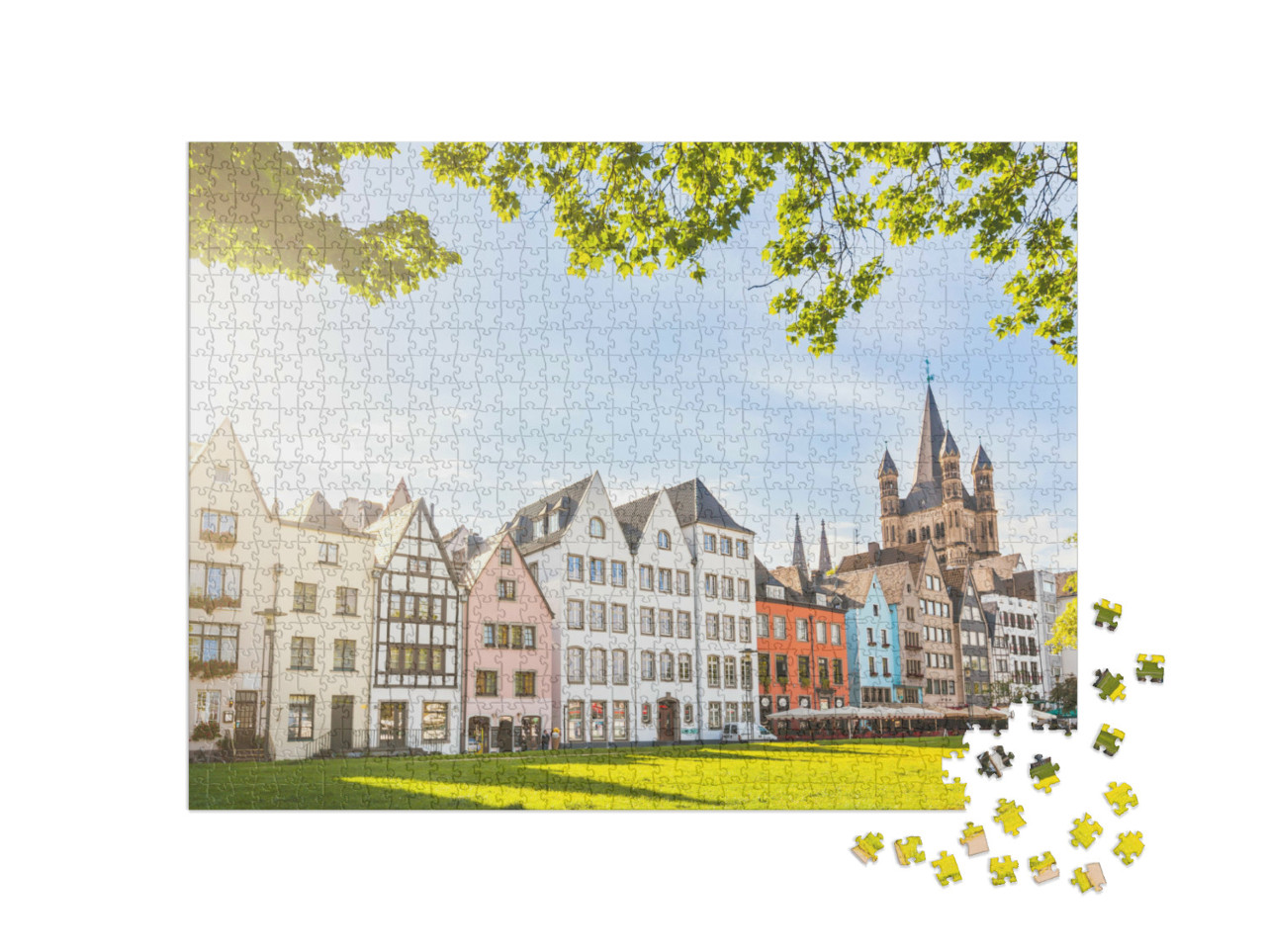 Puzzle 1000 pezzi „Case colorate e un parco verde a Colonia, Germania“