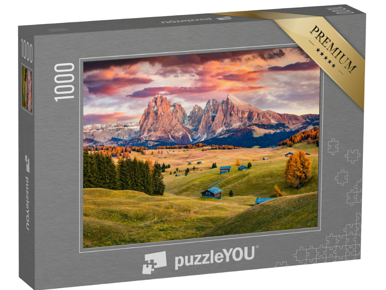 Puzzle 1000 pezzi „Alba sull'Alpe di Siusi con i larici autunnali davanti al Langkofel“