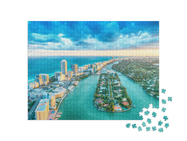 Puzzle 1000 pezzi „Miami Beach, splendida veduta aerea di edifici, fiume e vegetazione“