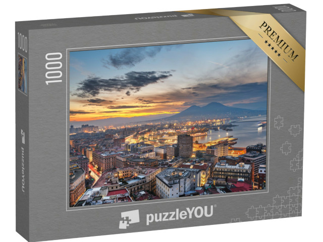 Puzzle 1000 pezzi „Napoli, skyline della città con vista sul porto e sul Vesuvio all'alba.“