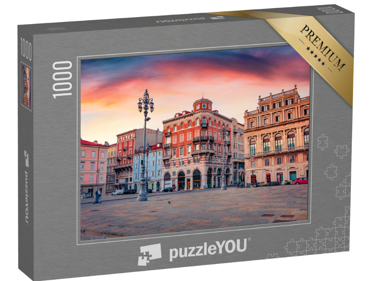 Puzzle 1000 pezzi „Splendida alba estiva a Trieste, Italia. Splendida veduta mattutina di Piazza del Ponte rosso“