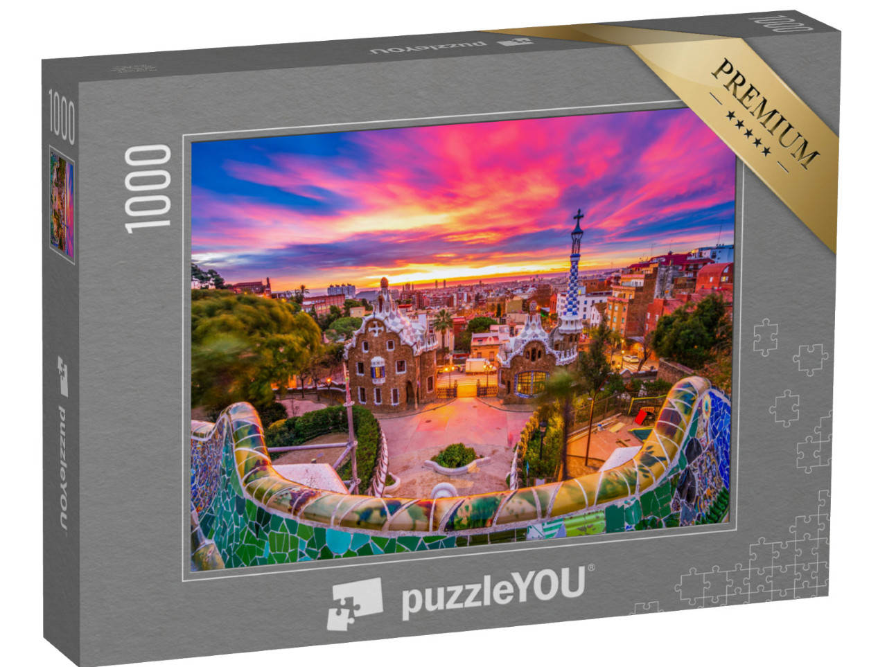 Puzzle 1000 pezzi „Alba su Park Güell, Patrimonio dell'Umanità dell'UNESCO, Barcellona, Spagna“