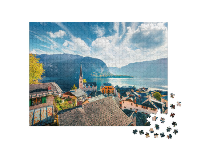 Puzzle 1000 pezzi „Autunno soleggiato su Hallstatt, Salzkammergut, Austria“