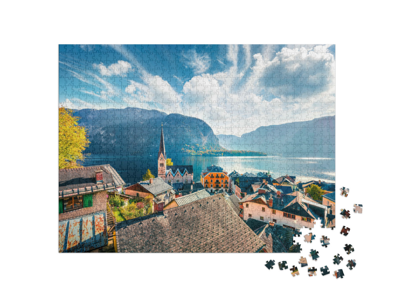 Puzzle 1000 pezzi „Autunno soleggiato su Hallstatt, Salzkammergut, Austria“