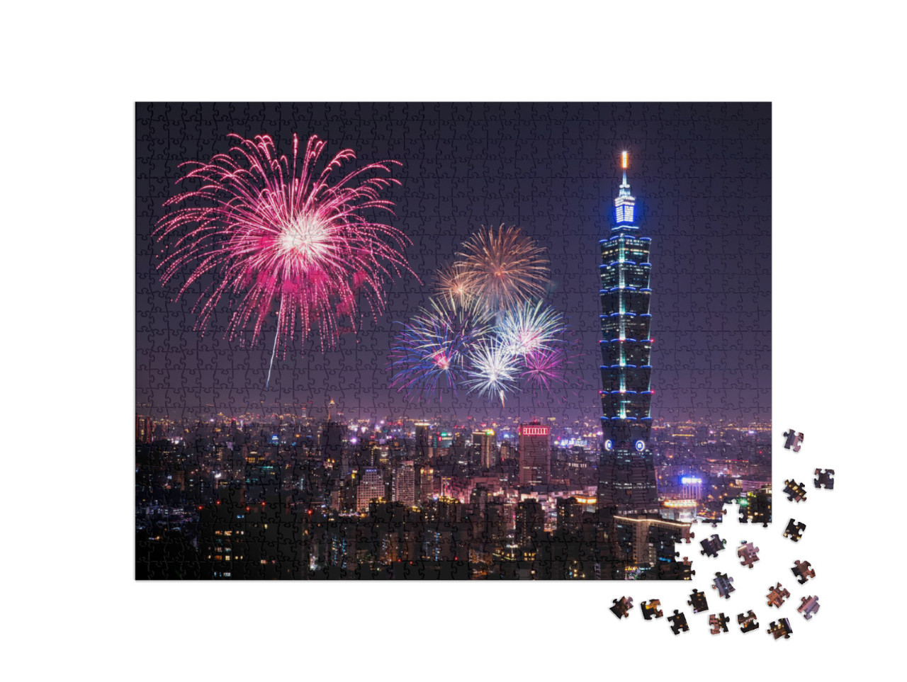 Puzzle 1000 pezzi „Lo skyline di Taipei con i fuochi d'artificio“