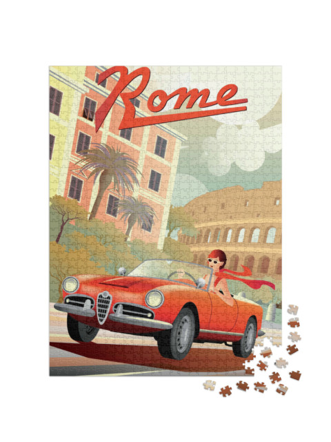 Puzzle 1000 pezzi „Giovane donna guida un'auto rossa retrò a Roma“