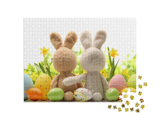 Puzzle 1000 pezzi „Due coniglietti pasquali si abbracciano con uova e narcisi colorati“