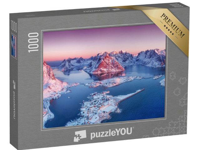 Puzzle 1000 pezzi „Vista aerea delle Isole Lofoten al tramonto: montagne e mare“
