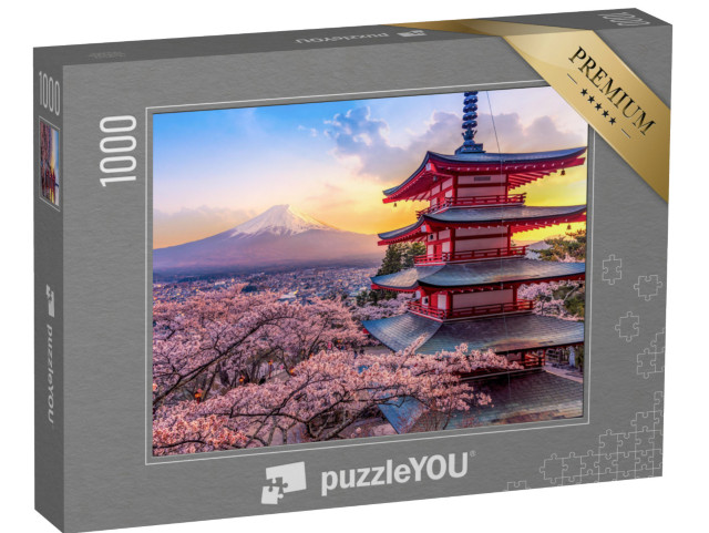 Puzzle 1000 pezzi „Fiori di ciliegio sul Monte Fuji e la Pagoda Chureito al tramonto, Giappone“