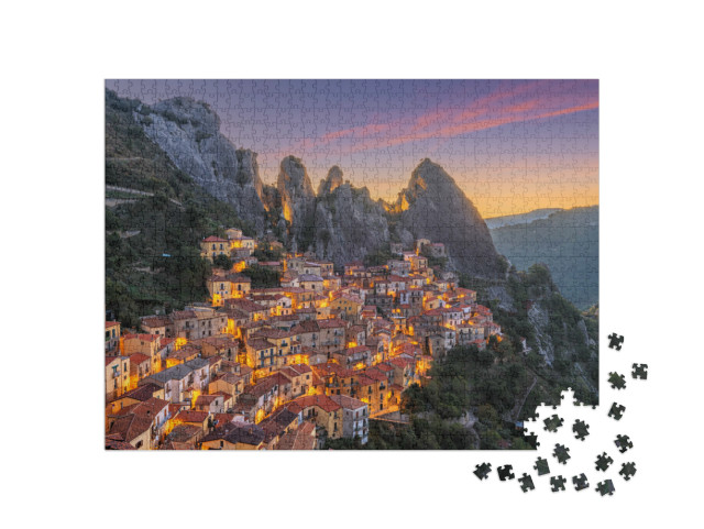 Puzzle 1000 pezzi „Castelmezzano, in Basilicata, all'alba, Italia“