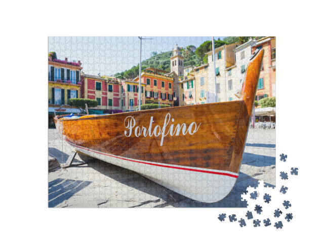 Puzzle 1000 pezzi „Il nome della famosa località di Portofino in Italia su una barca - segno di riferimento, senza copyright“