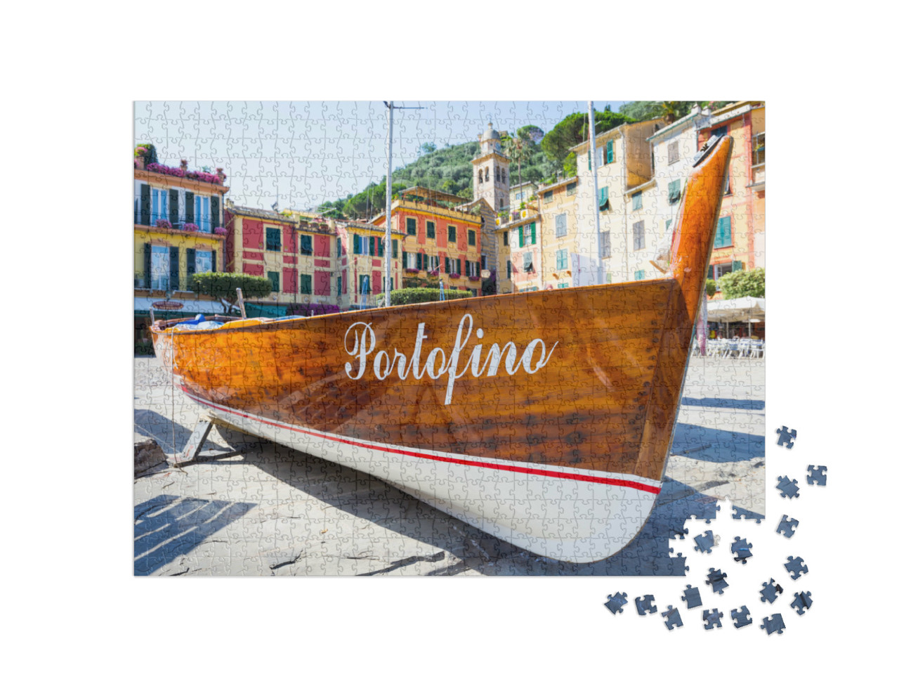 Puzzle 1000 pezzi „Il nome della famosa località di Portofino in Italia su una barca - segno di riferimento, senza copyright“