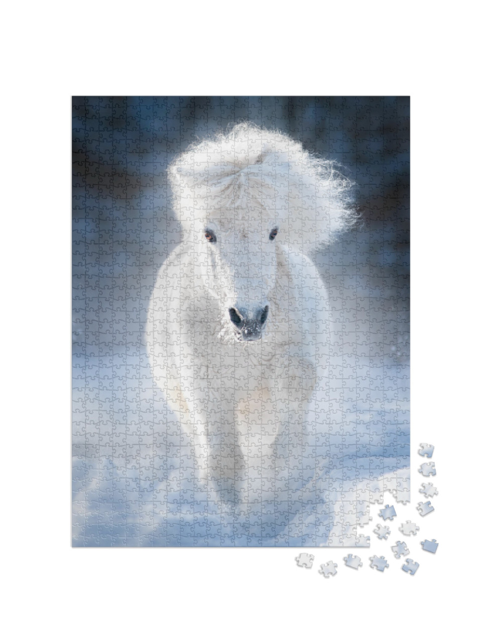 Puzzle 1000 pezzi „Pony Shetland bianco e soffice al galoppo su un prato invernale“