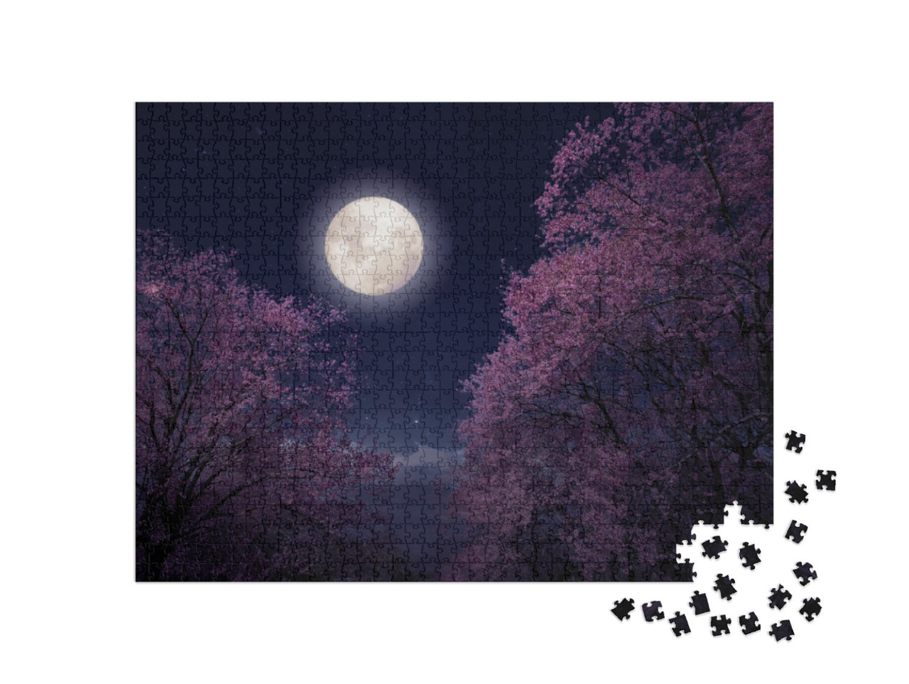 Puzzle 1000 pezzi „Bellissimi fiori di ciliegio con la luna piena“