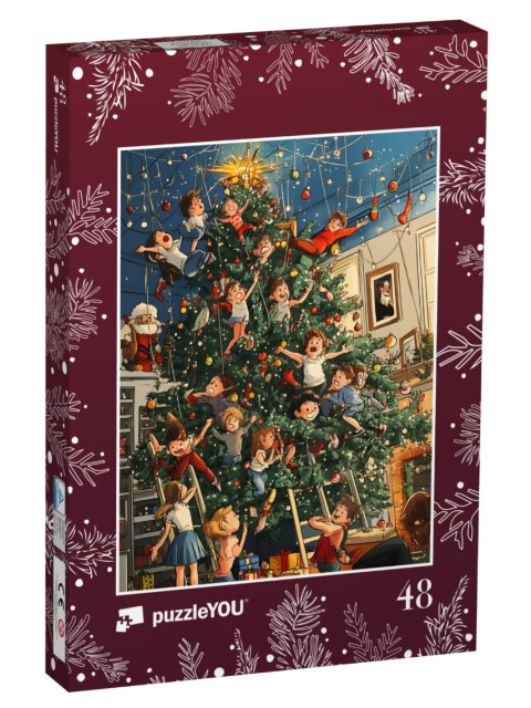 Puzzle 48 pezzi „Natale pazzo: I bambini si divertono sull'albero di Natale“