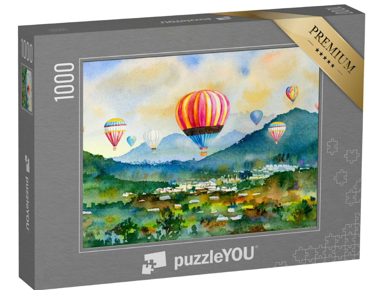 Puzzle 1000 pezzi „Mongolfiere sopra un villaggio in montagna“