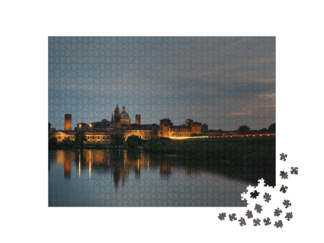 Puzzle 1000 pezzi „Lo splendido skyline di Mantova si riflette nel fiume Mincio all'imbrunire“