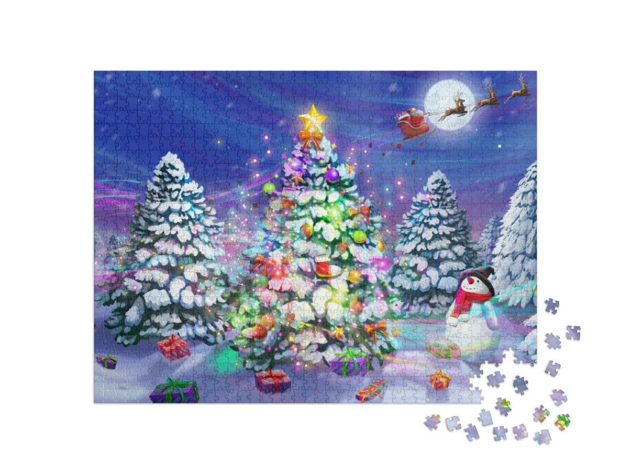 Puzzle 1000 pezzi „La slitta di Babbo Natale sopra un albero di Natale nella foresta innevata“